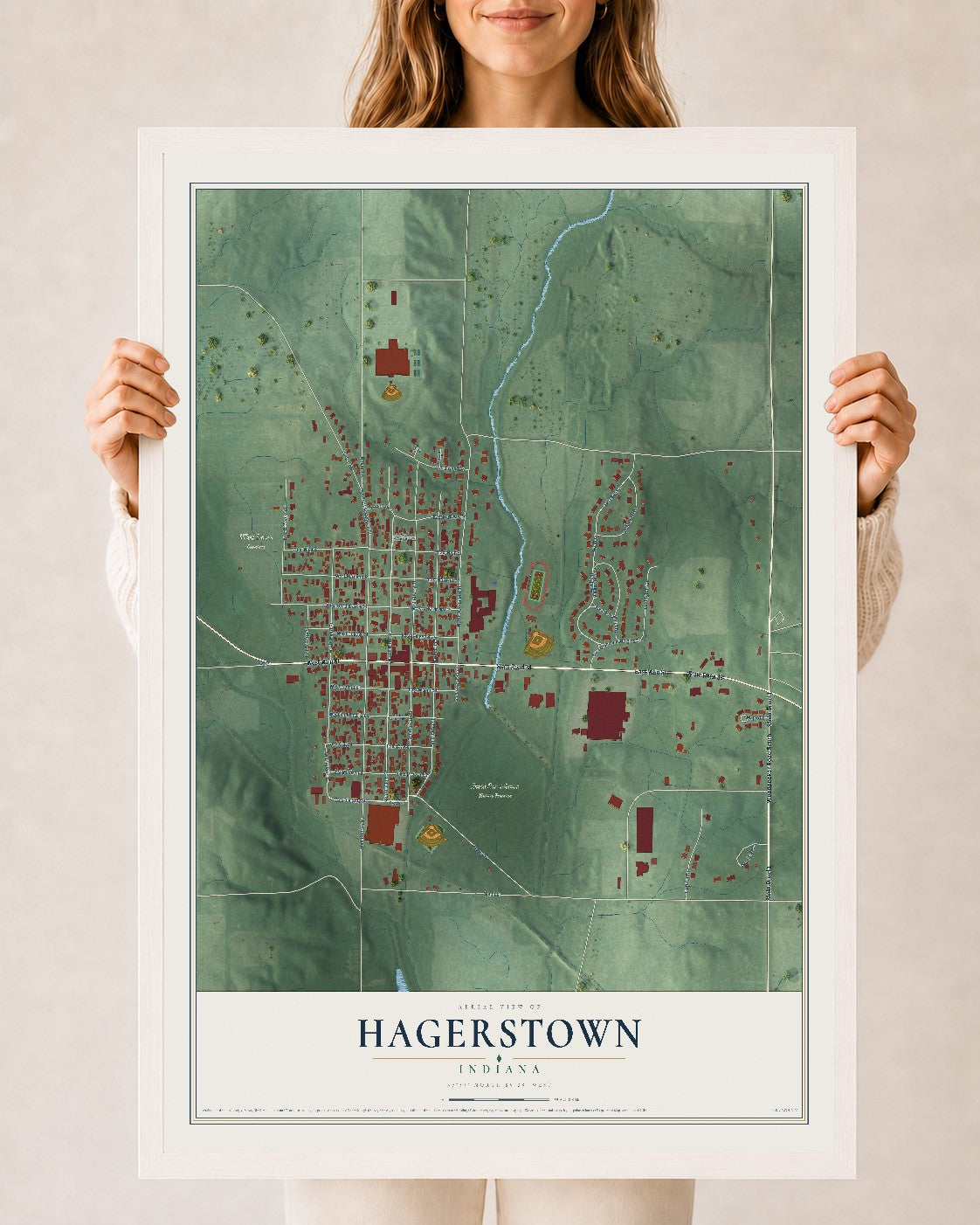 Map of Hagerstown, Indiana, 24 x 36 inch print in a white wood frame