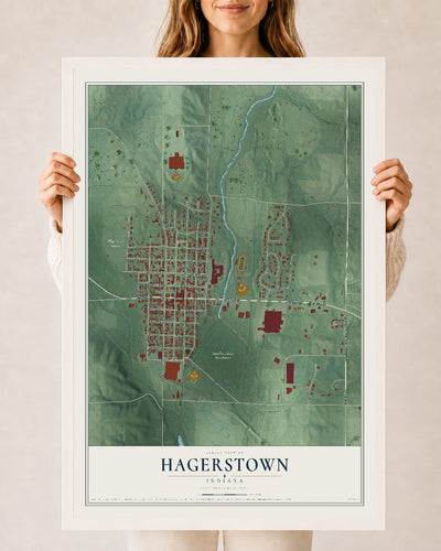 Map of Hagerstown, Indiana, 24 x 36 inch print in a white wood frame