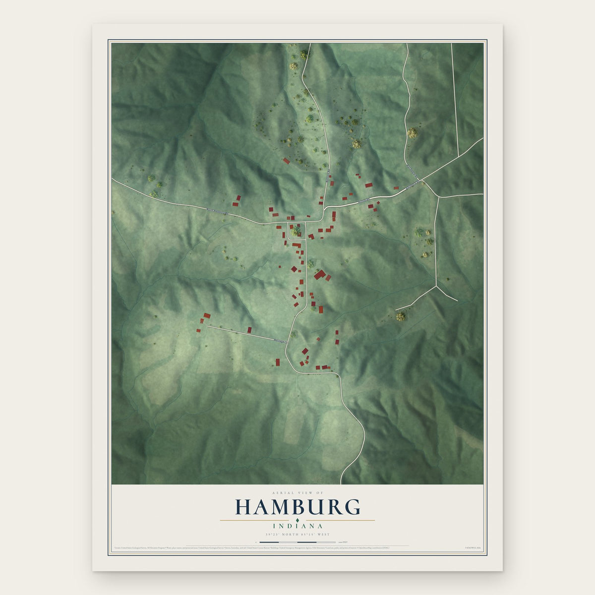 Hamburg, Indiana map print, the full design