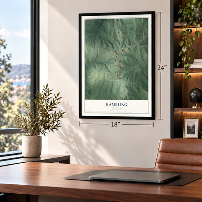Hamburg, Indiana map, 18 x 24 inch print in a black frame in a home office