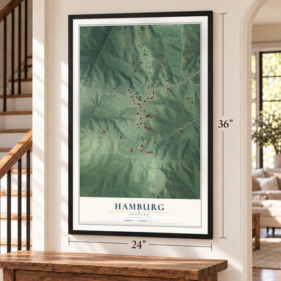 Hamburg, Indiana map, 24 x 36 inch print in a black frame by a staircase