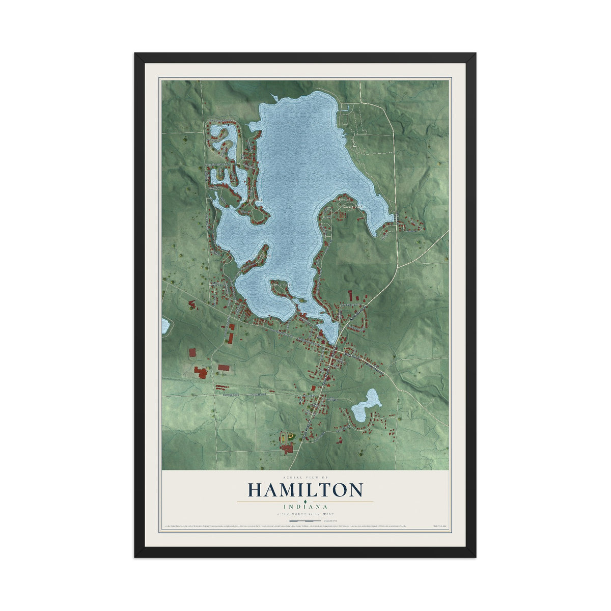 Map of Hamilton, Indiana, 12 x 18 inch print in a black wood frame
