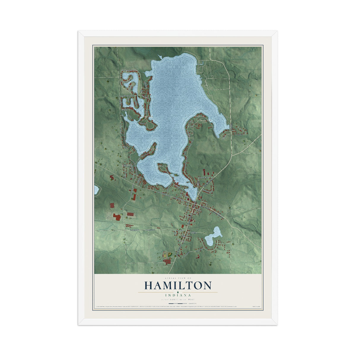 Map of Hamilton, Indiana, 12 x 18 inch print in a white wood frame