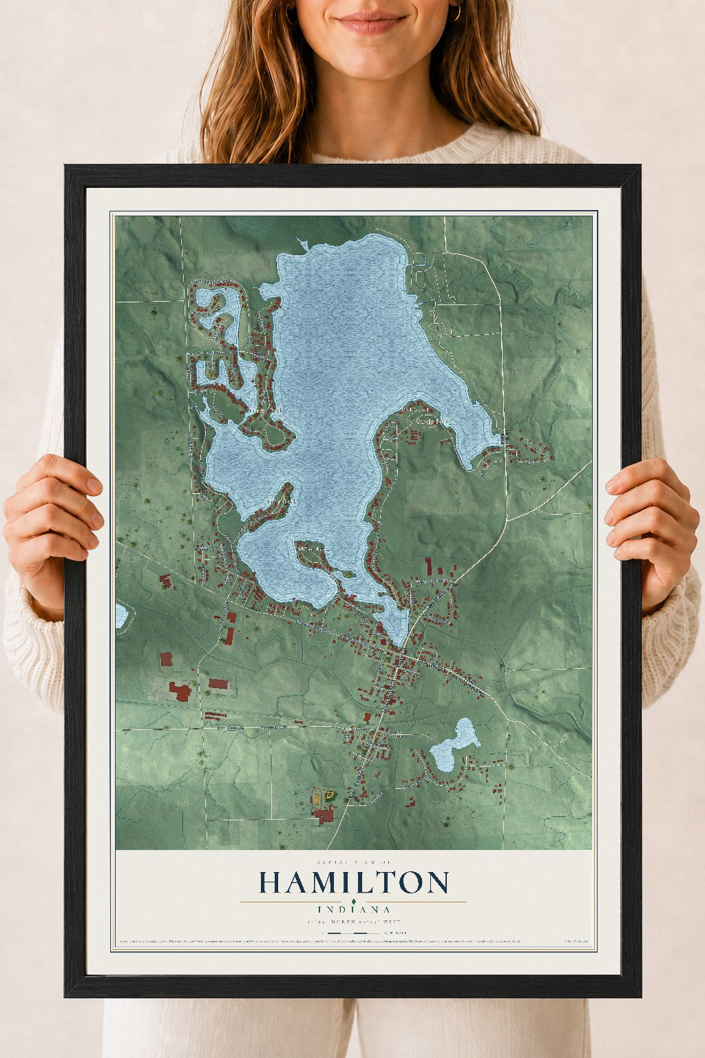 Map of Hamilton, Indiana, 18 x 24 inch print in a black wood frame
