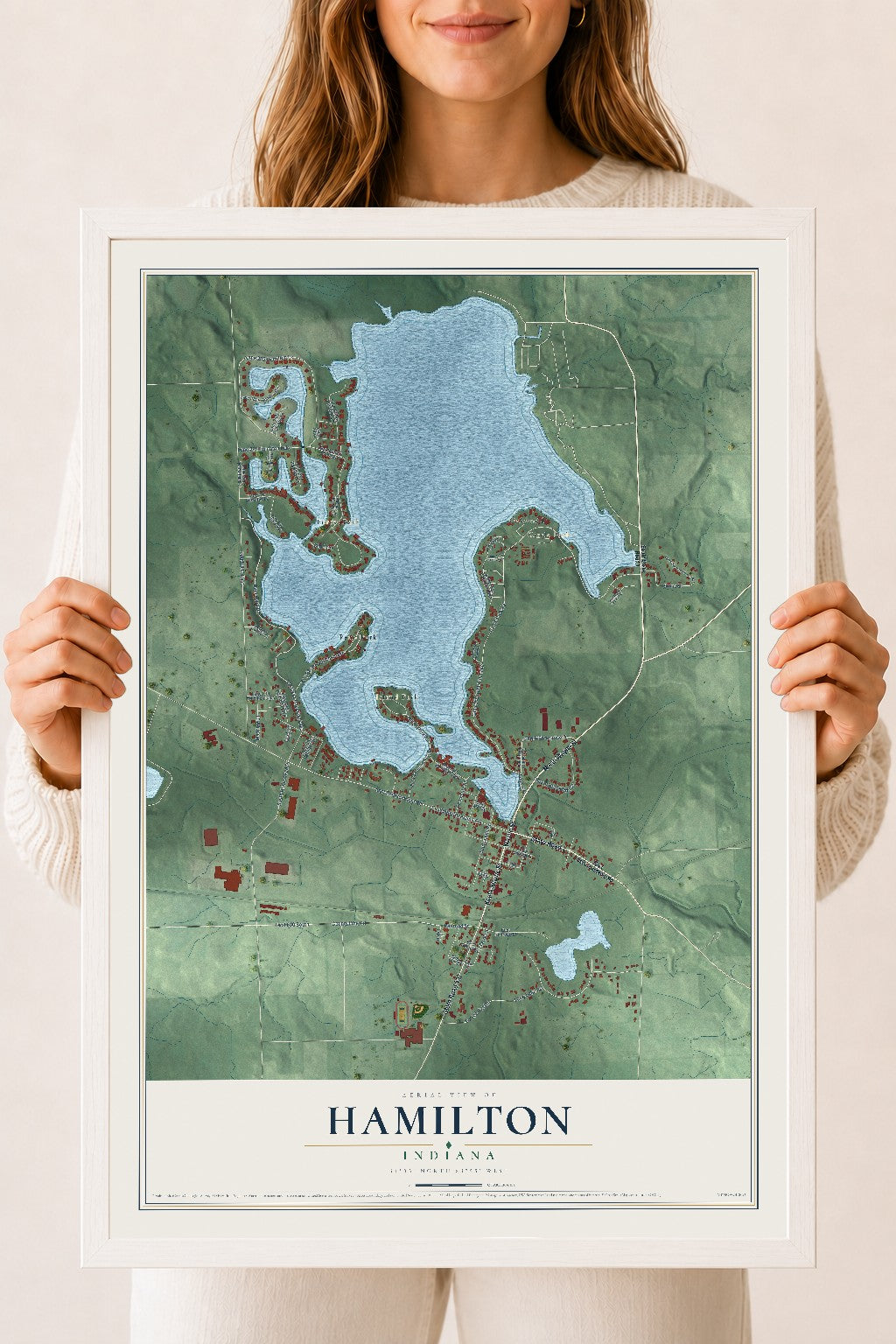 Map of Hamilton, Indiana, 18 x 24 inch print in a white wood frame