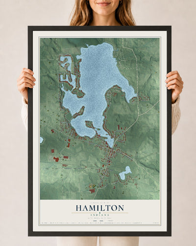 Map of Hamilton, Indiana, 24 x 36 inch print in a black wood frame