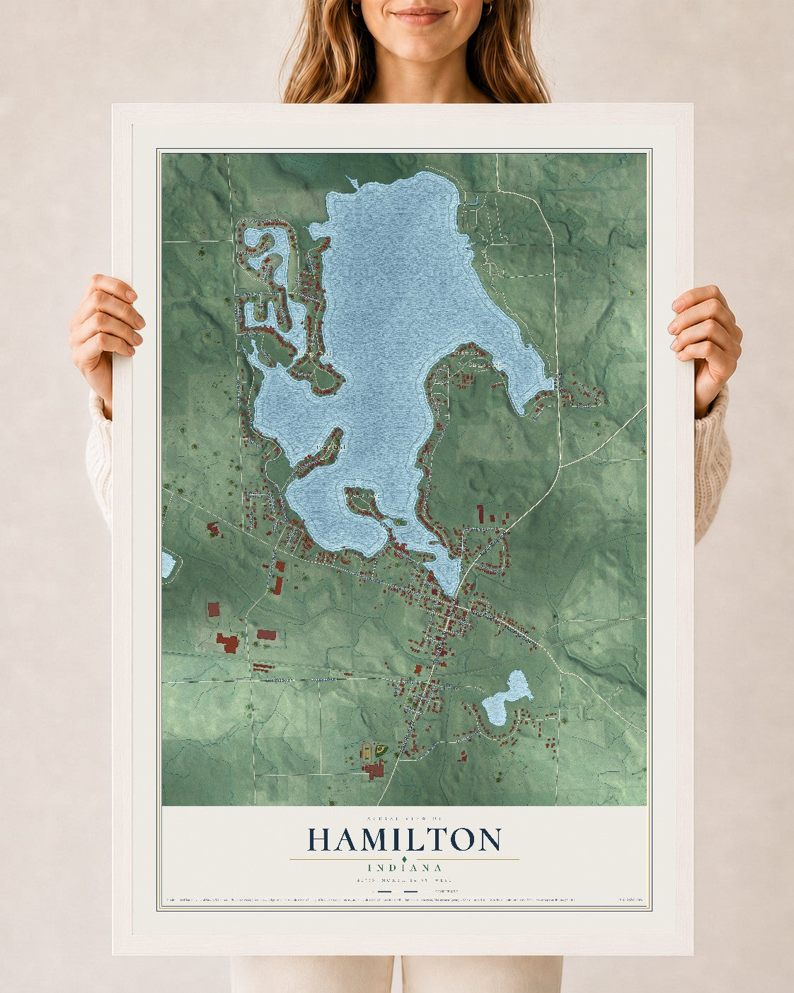 Map of Hamilton, Indiana, 24 x 36 inch print in a white wood frame