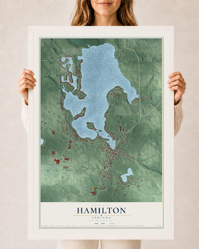 Map of Hamilton, Indiana, 24 x 36 inch print in a white wood frame
