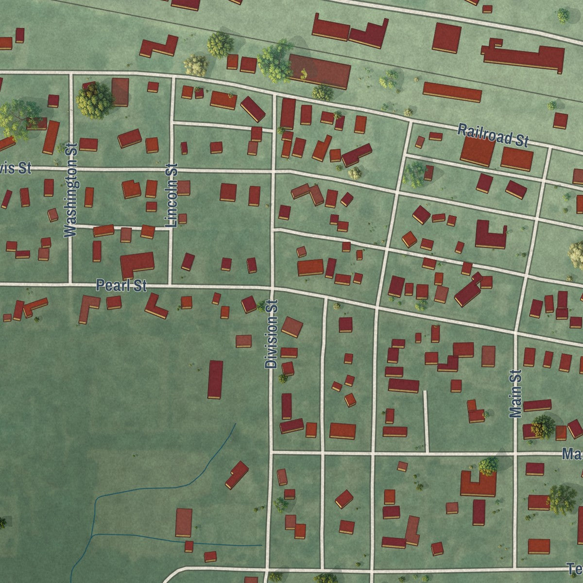 Close-up of the map of Hamlet, Indiana print showing street and building detail