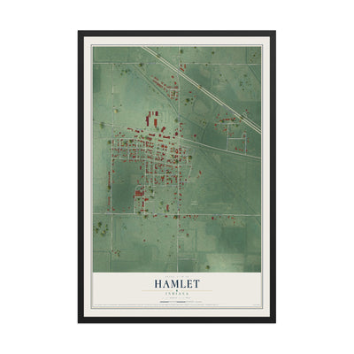 Map of Hamlet, Indiana, 12 x 18 inch print in a black wood frame