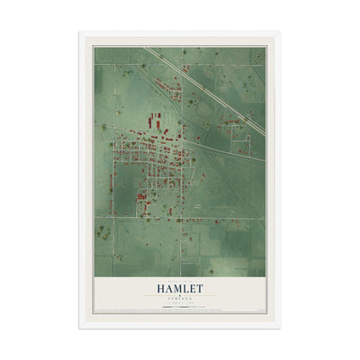 Map of Hamlet, Indiana, 12 x 18 inch print in a white wood frame