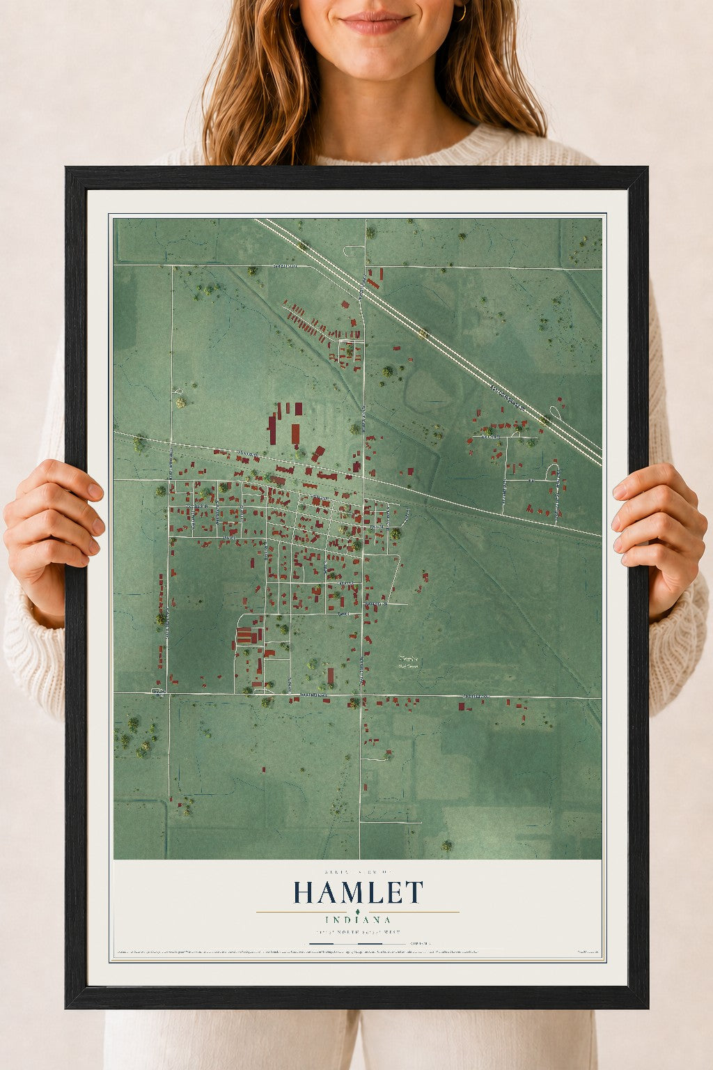 Map of Hamlet, Indiana, 18 x 24 inch print in a black wood frame