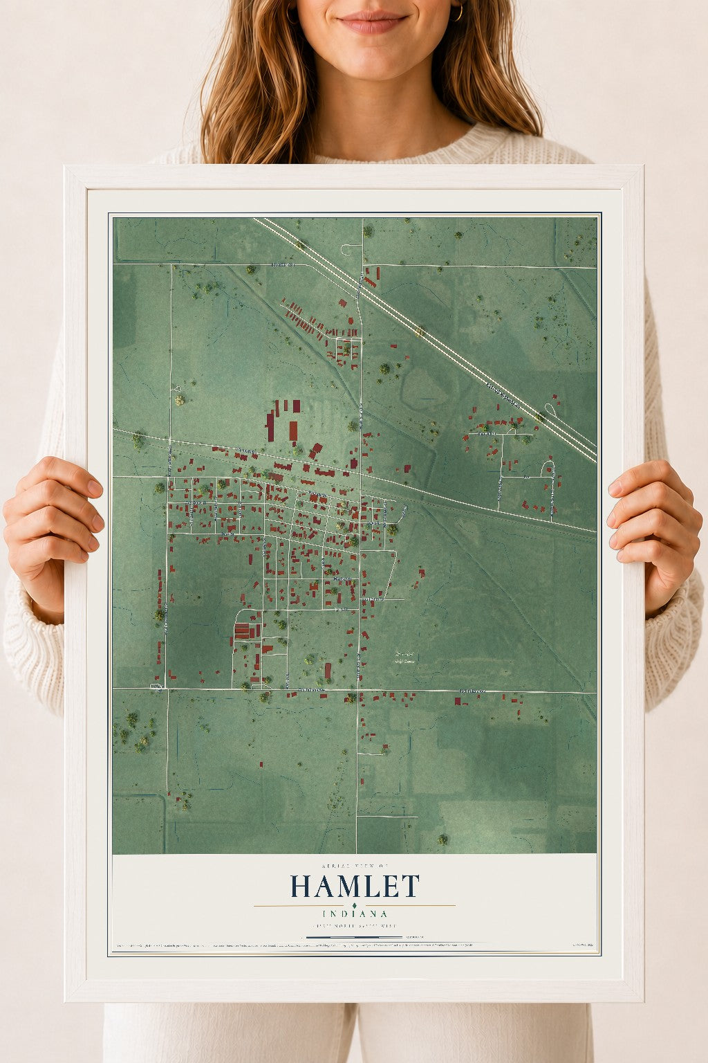 Map of Hamlet, Indiana, 18 x 24 inch print in a white wood frame
