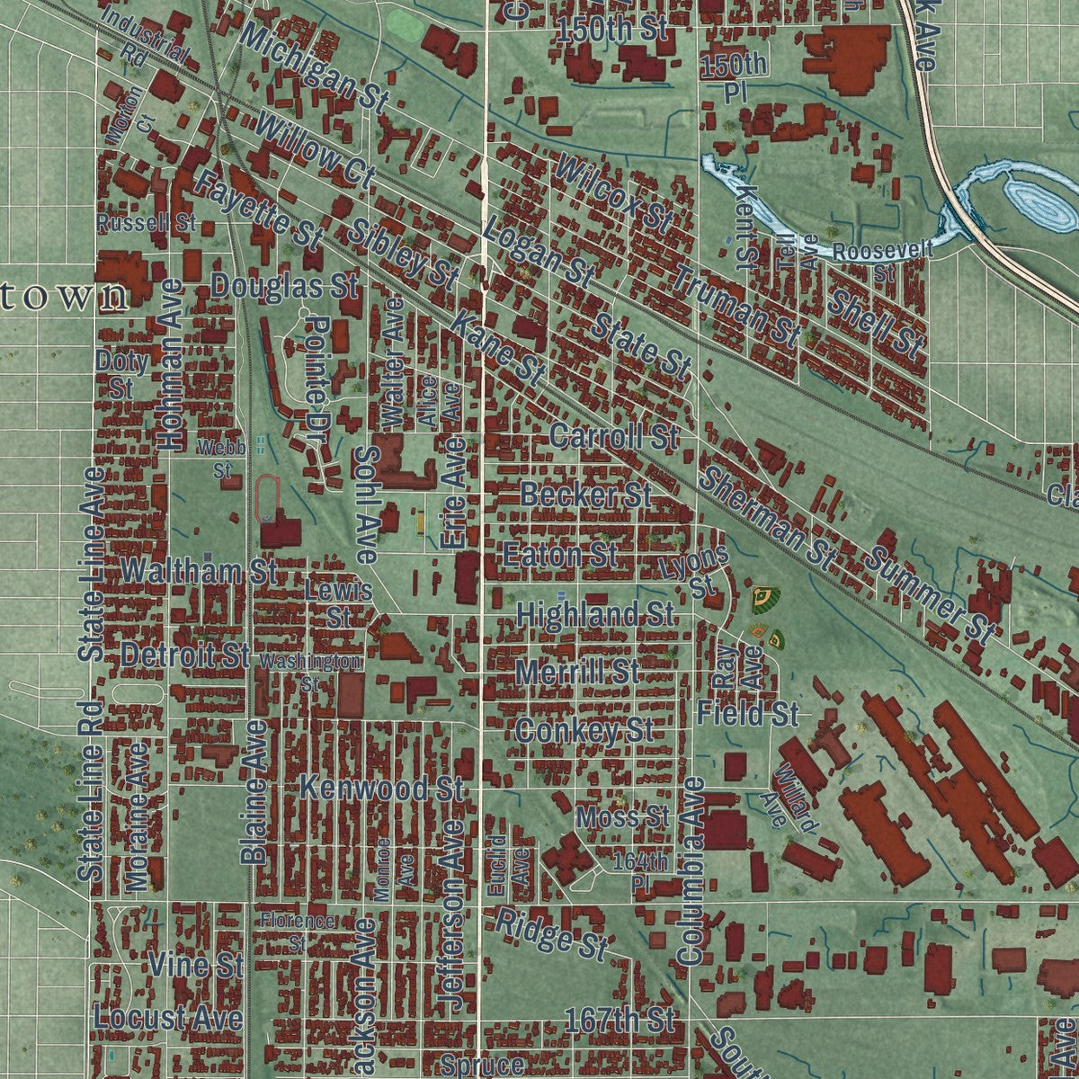 Close-up of the map of Hammond, Indiana print showing street and building detail