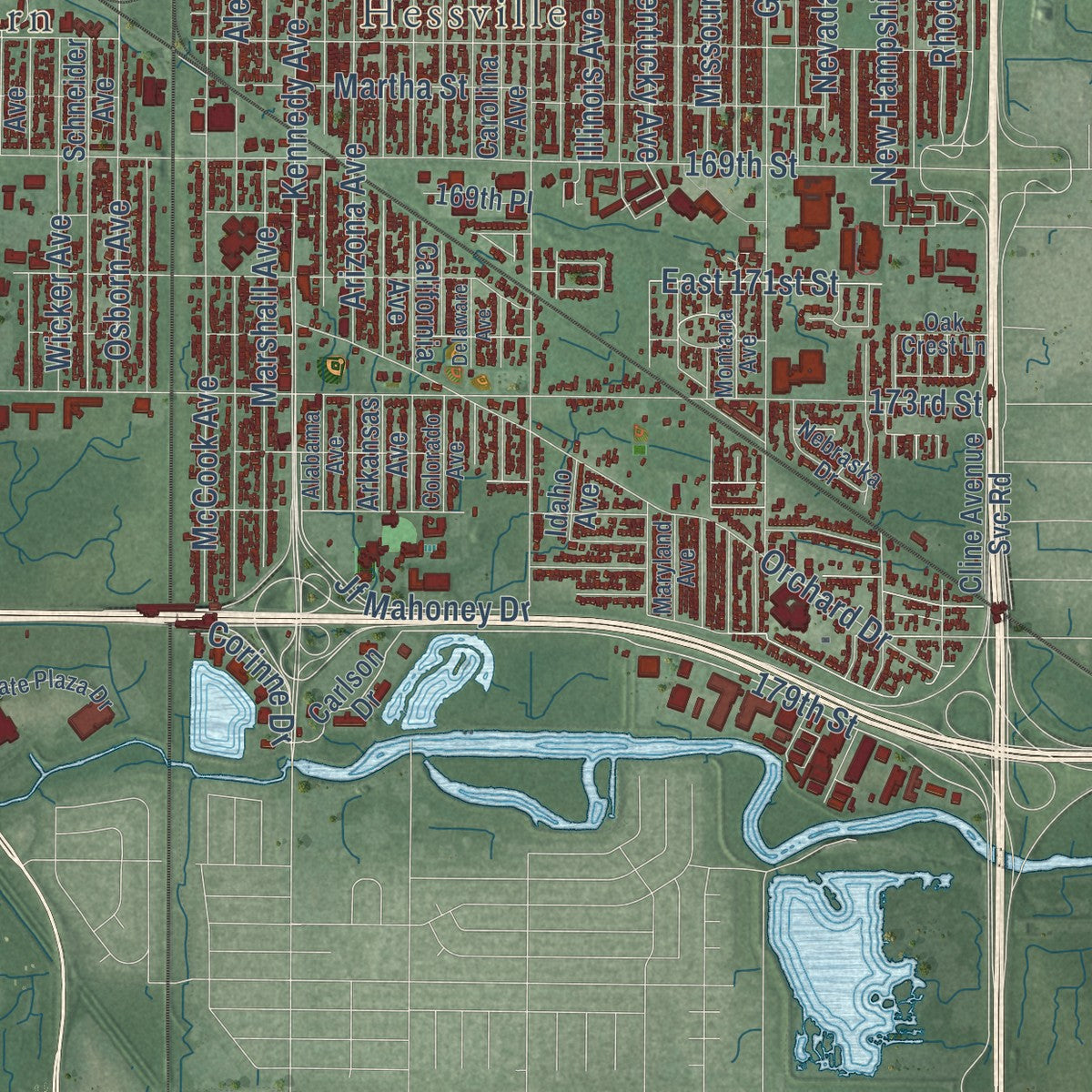 Second close-up of the map of Hammond, Indiana print showing more streets and buildings