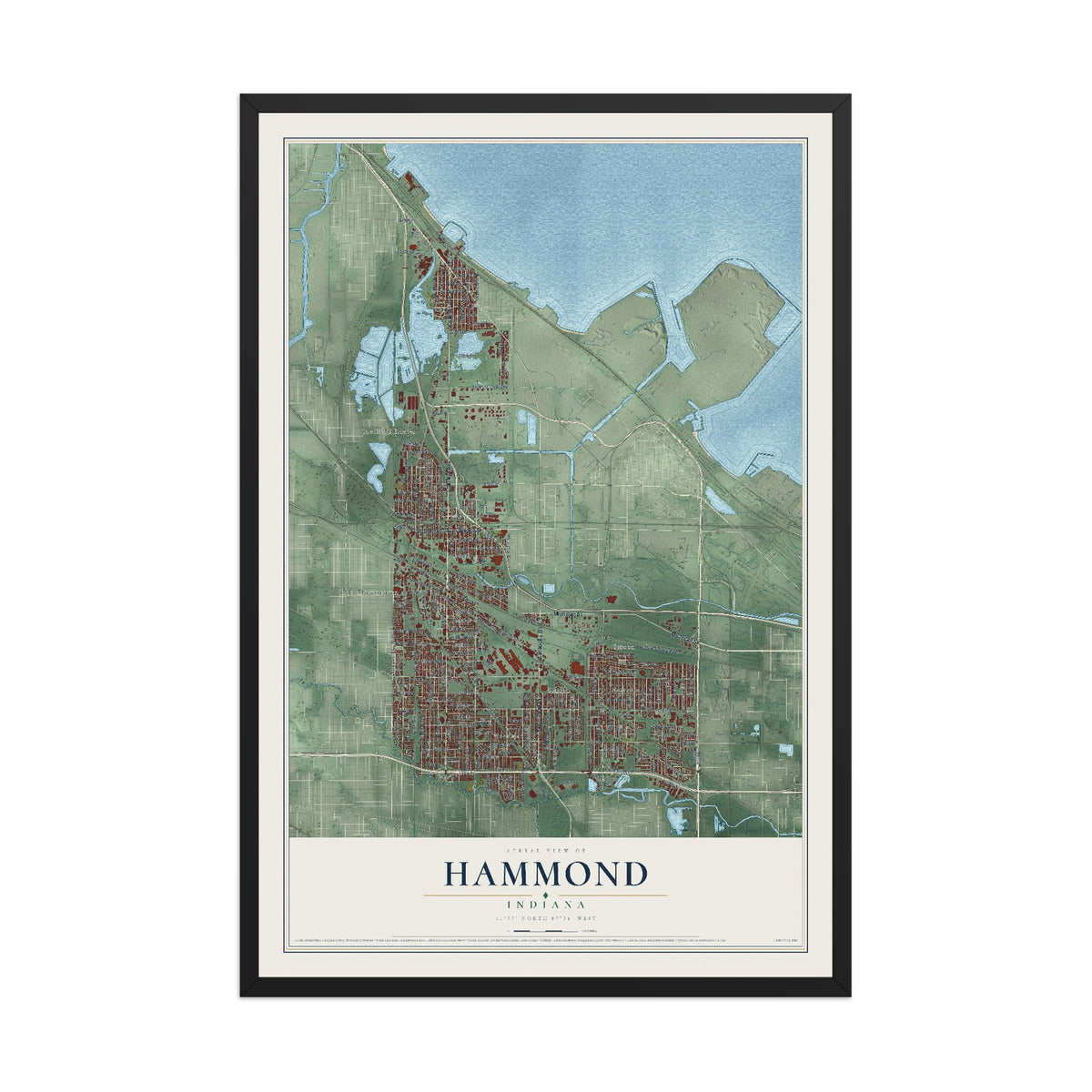 Map of Hammond, Indiana, 12 x 18 inch print in a black wood frame