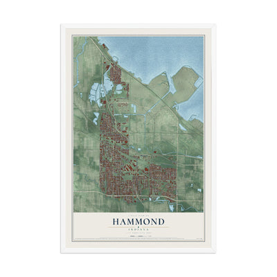 Map of Hammond, Indiana, 12 x 18 inch print in a white wood frame
