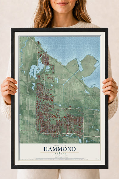 Map of Hammond, Indiana, 18 x 24 inch print in a black wood frame