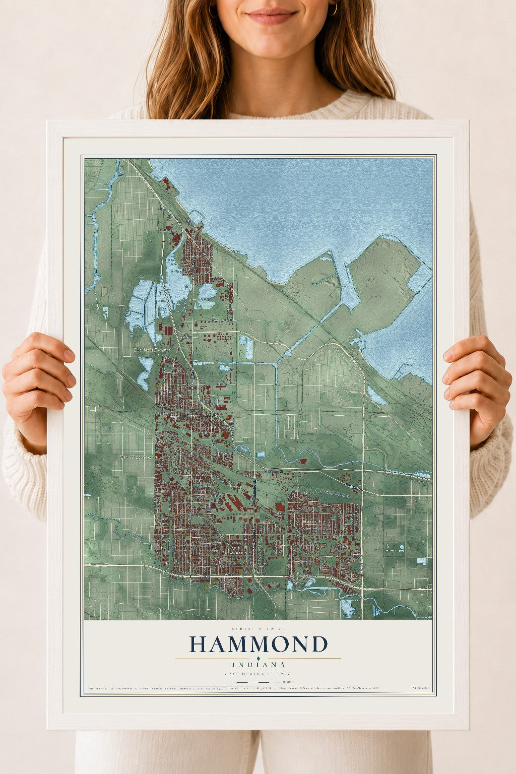 Map of Hammond, Indiana, 18 x 24 inch print in a white wood frame