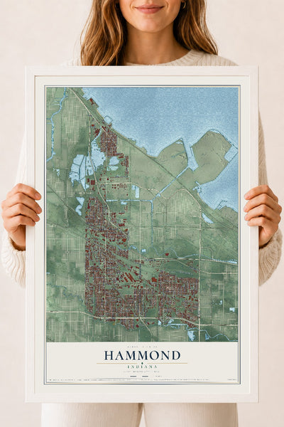 Map of Hammond, Indiana, 18 x 24 inch print in a white wood frame