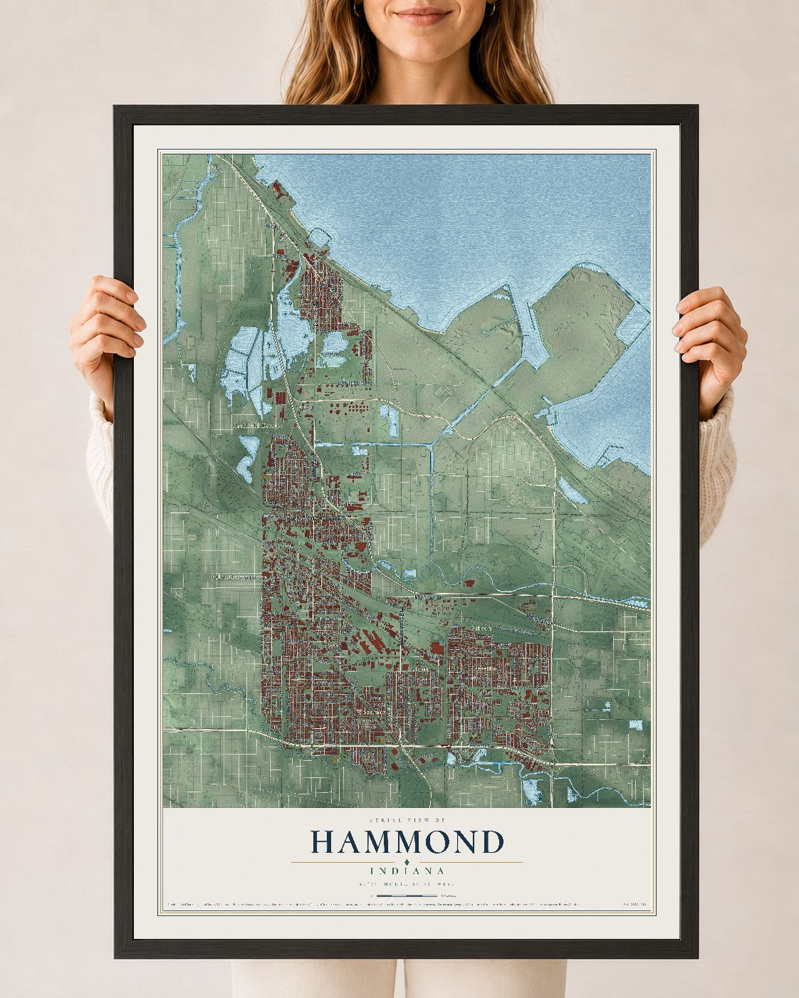 Map of Hammond, Indiana, 24 x 36 inch print in a black wood frame