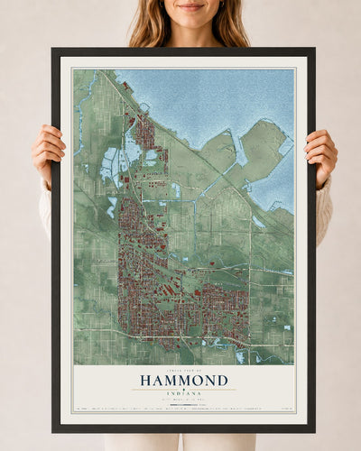 Map of Hammond, Indiana, 24 x 36 inch print in a black wood frame