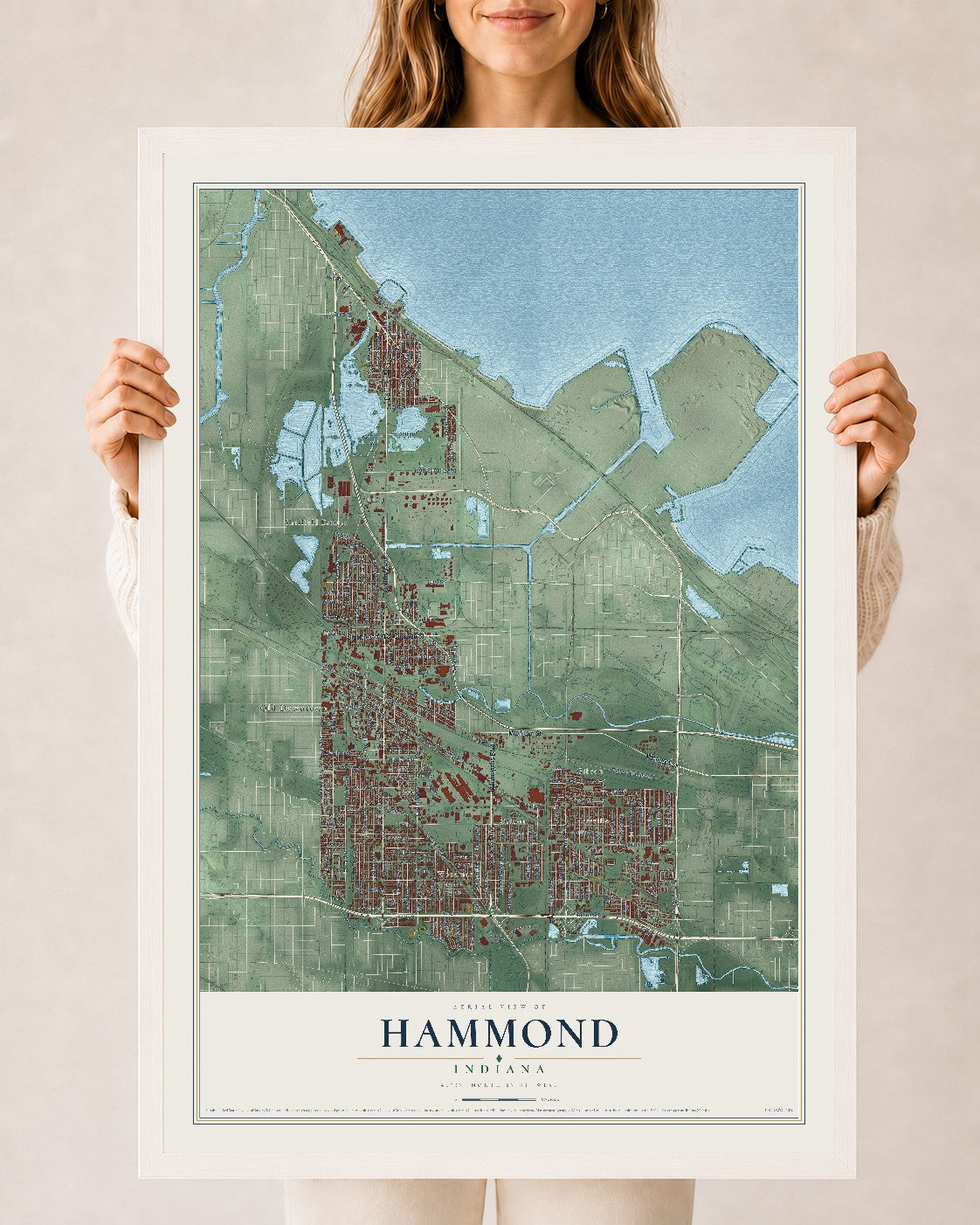 Map of Hammond, Indiana, 24 x 36 inch print in a white wood frame
