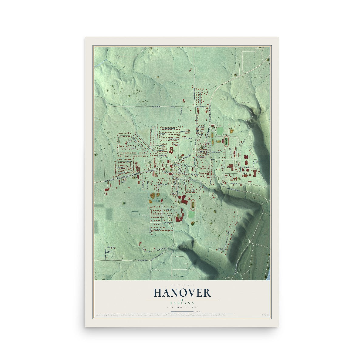 Map of Hanover, Indiana, 12 x 18 inch unframed archival matte print