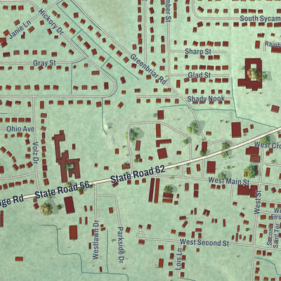 Close-up of the map of Hanover, Indiana print showing street and building detail