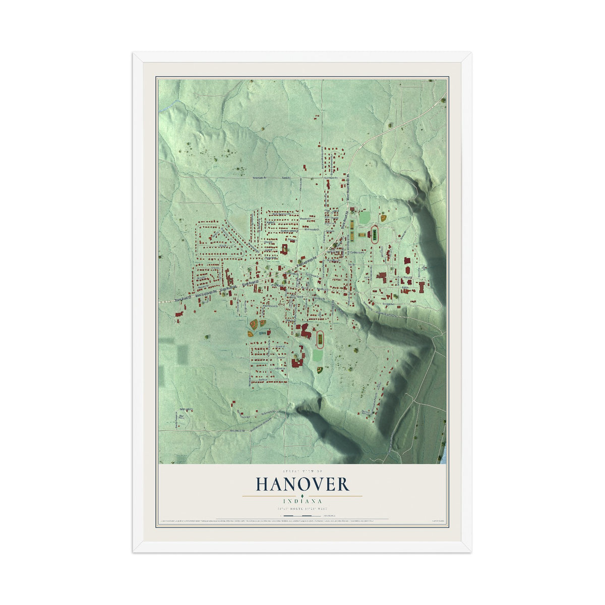 Map of Hanover, Indiana, 12 x 18 inch print in a white wood frame