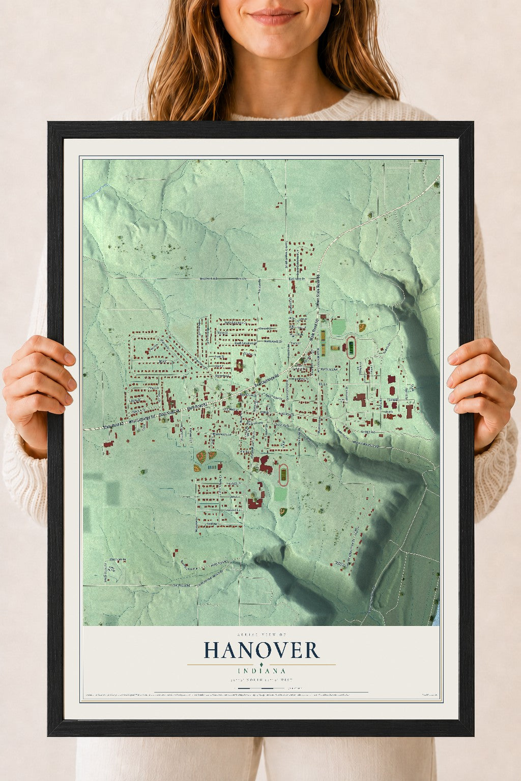 Map of Hanover, Indiana, 18 x 24 inch print in a black wood frame