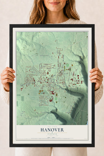 Map of Hanover, Indiana, 18 x 24 inch print in a black wood frame