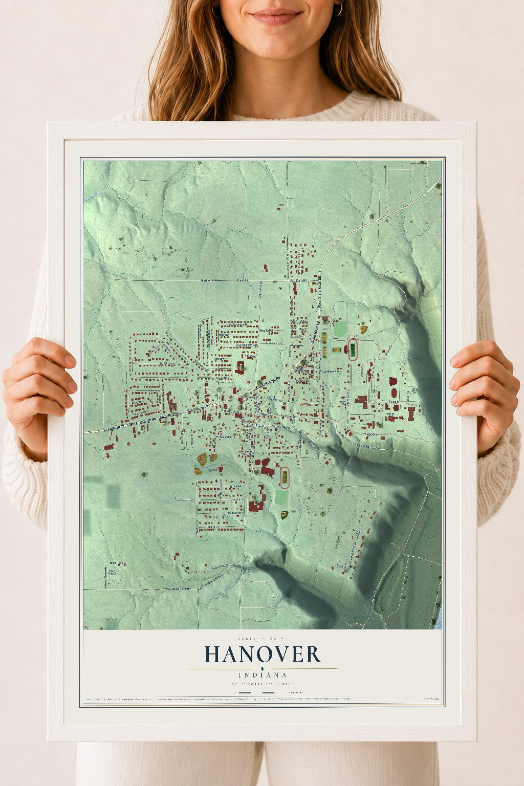 Map of Hanover, Indiana, 18 x 24 inch print in a white wood frame