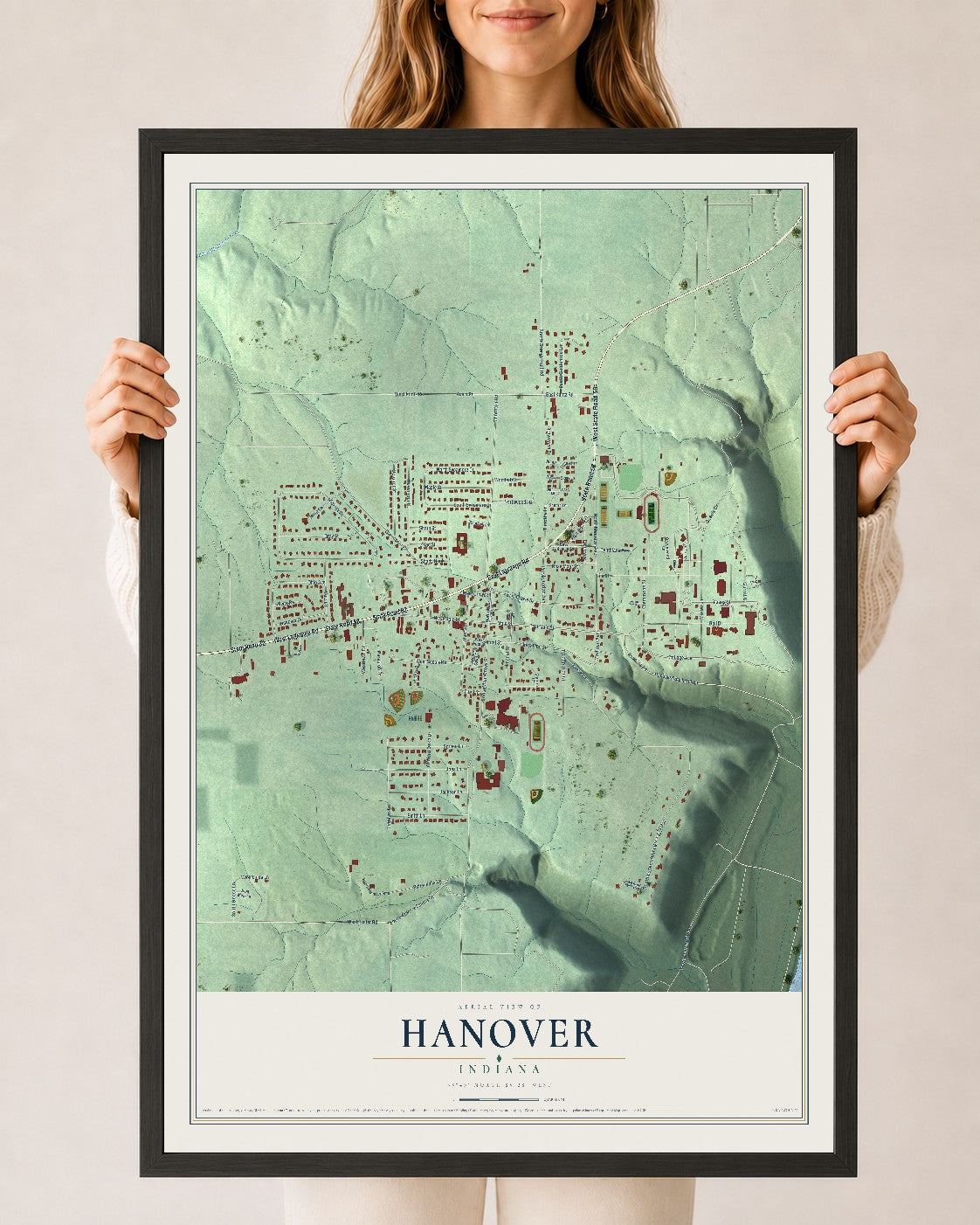 Map of Hanover, Indiana, 24 x 36 inch print in a black wood frame