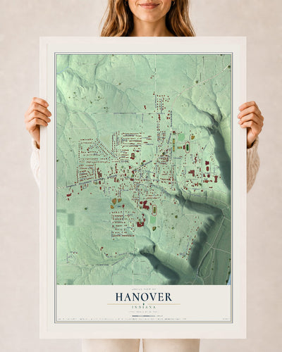 Map of Hanover, Indiana, 24 x 36 inch print in a white wood frame
