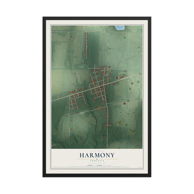 Map of Harmony, Indiana, 12 x 18 inch print in a black wood frame