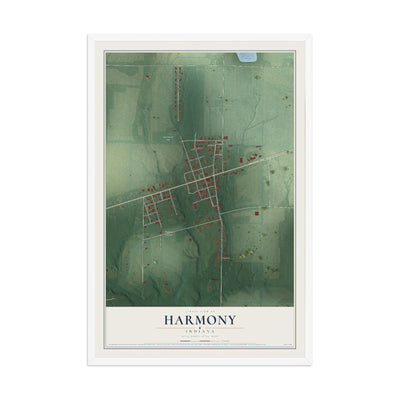 Map of Harmony, Indiana, 12 x 18 inch print in a white wood frame