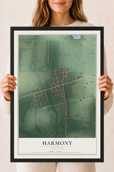 Map of Harmony, Indiana, 18 x 24 inch print in a black wood frame
