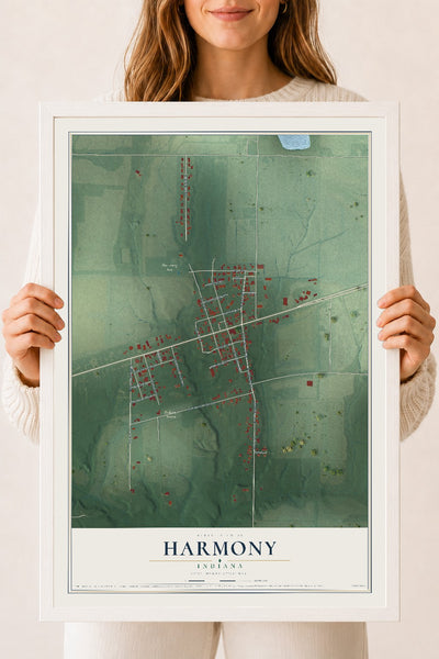 Map of Harmony, Indiana, 18 x 24 inch print in a white wood frame