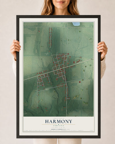 Map of Harmony, Indiana, 24 x 36 inch print in a black wood frame