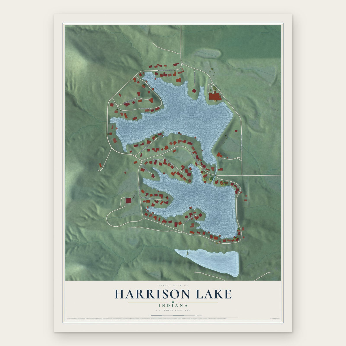 Harrison Lake, Indiana map print, the full design