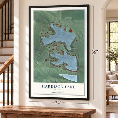 Harrison Lake, Indiana map, 24 x 36 inch print in a black frame by a staircase