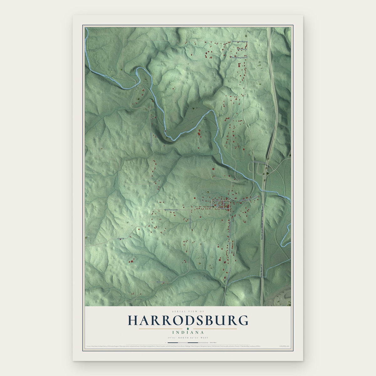Harrodsburg, Indiana map print, the full design