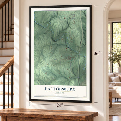 Harrodsburg, Indiana map, 24 x 36 inch print in a black frame by a staircase