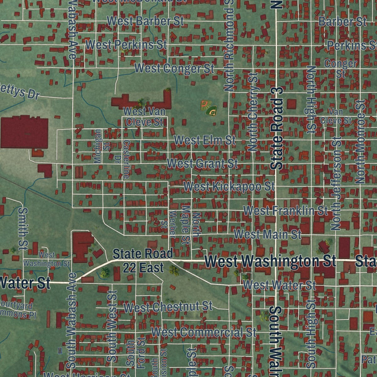Close-up of the map of Hartford City, Indiana print showing street and building detail