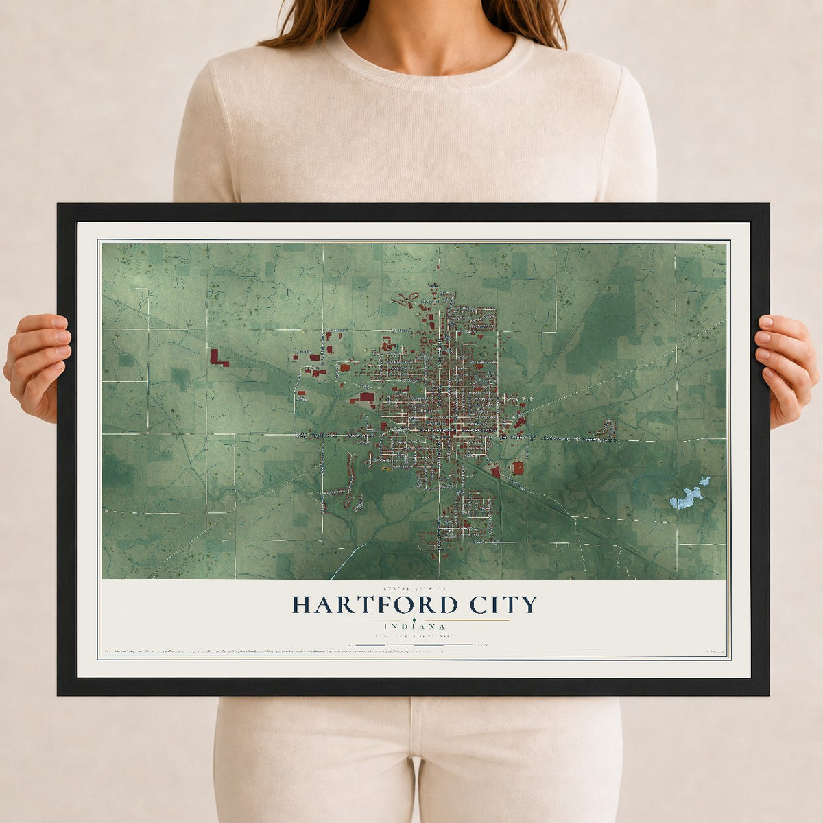 Map of Hartford City, Indiana, 12 x 18 inch print in a black wood frame