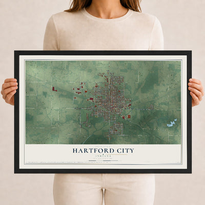 Map of Hartford City, Indiana, 12 x 18 inch print in a black wood frame