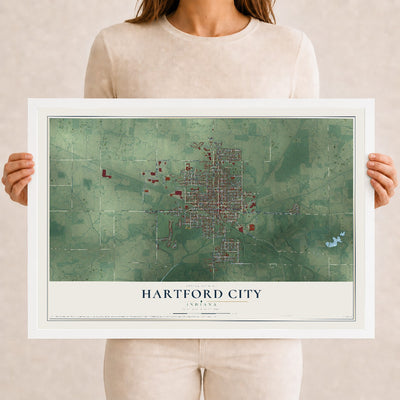 Map of Hartford City, Indiana, 12 x 18 inch print in a white wood frame
