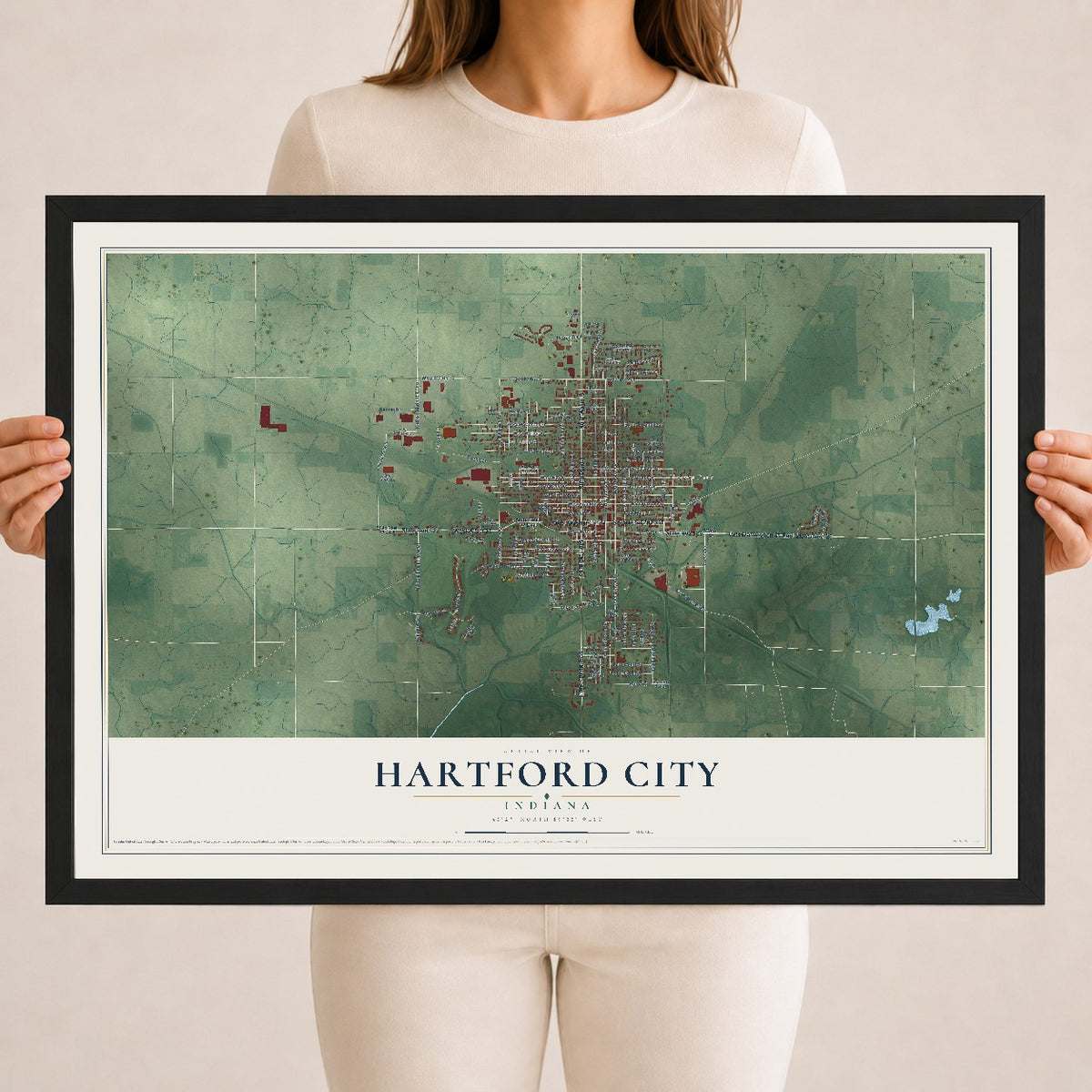 Map of Hartford City, Indiana, 18 x 24 inch print in a black wood frame