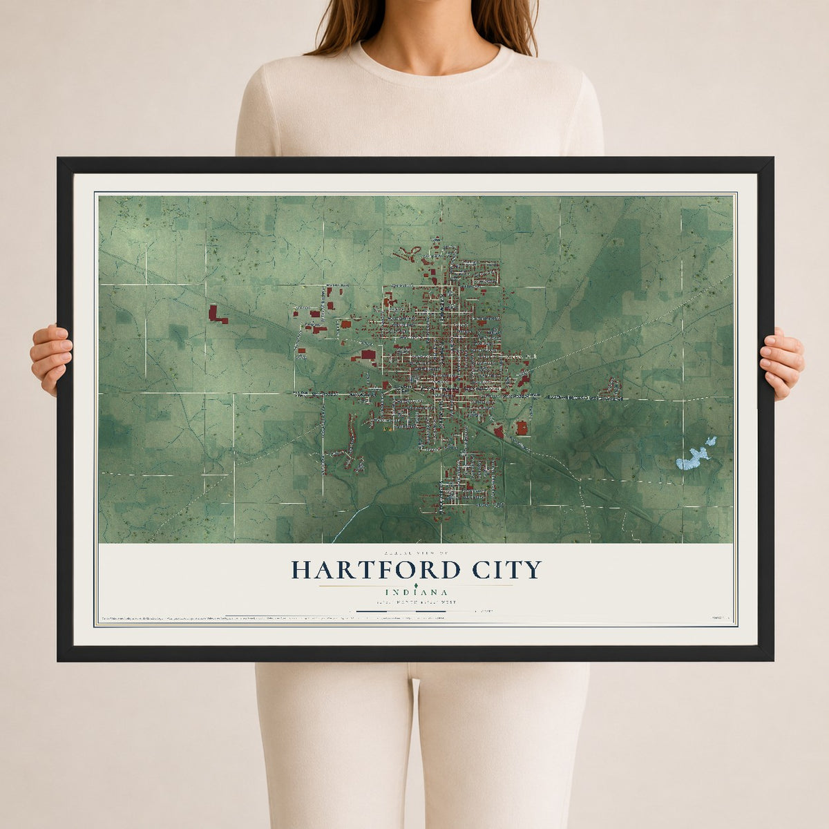 Map of Hartford City, Indiana, 24 x 36 inch print in a black wood frame